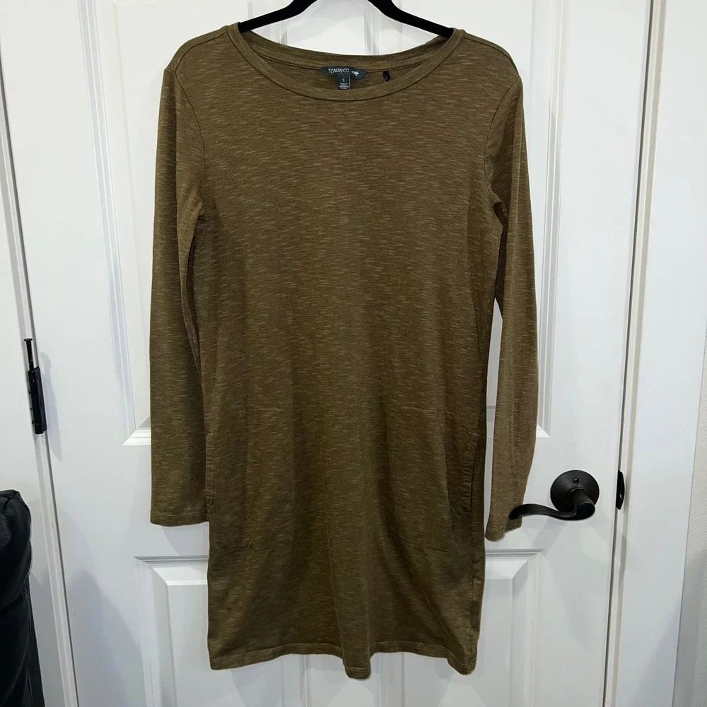 Toad&Co Windmere II Long Sleeve Shift Dress in Heathered Olive Green‎ Size Small